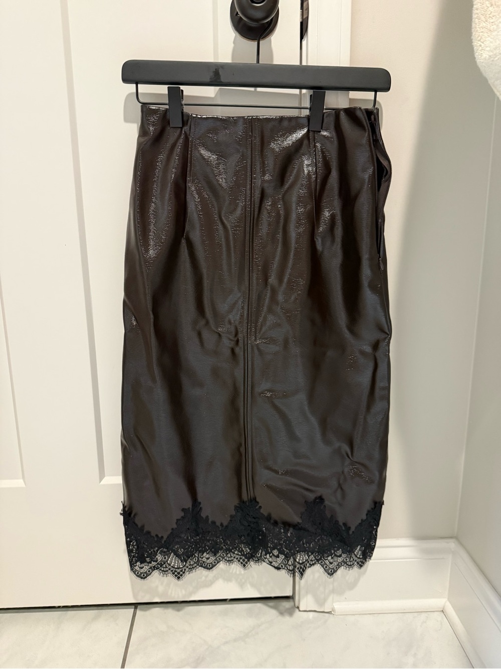 H&M Black Faux Leather Pencil Skirt with Lace Hem